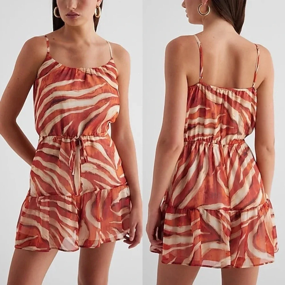 NWT Express  Scoop Neck Tie Waist Romper Small Abstract Art Animal Print Flowy